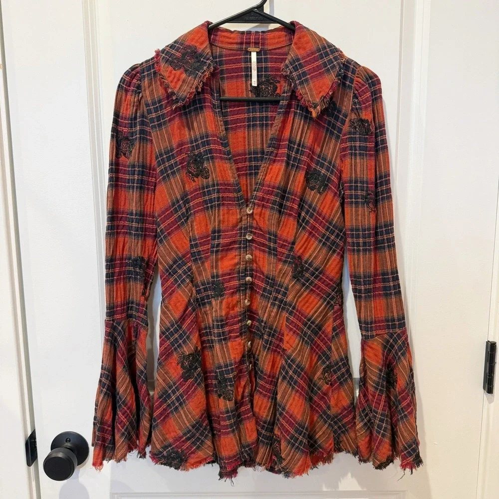Free People Plaid Embroidered Tunic XS Boho Indie Hippie Bell Sleeve Raw Hem